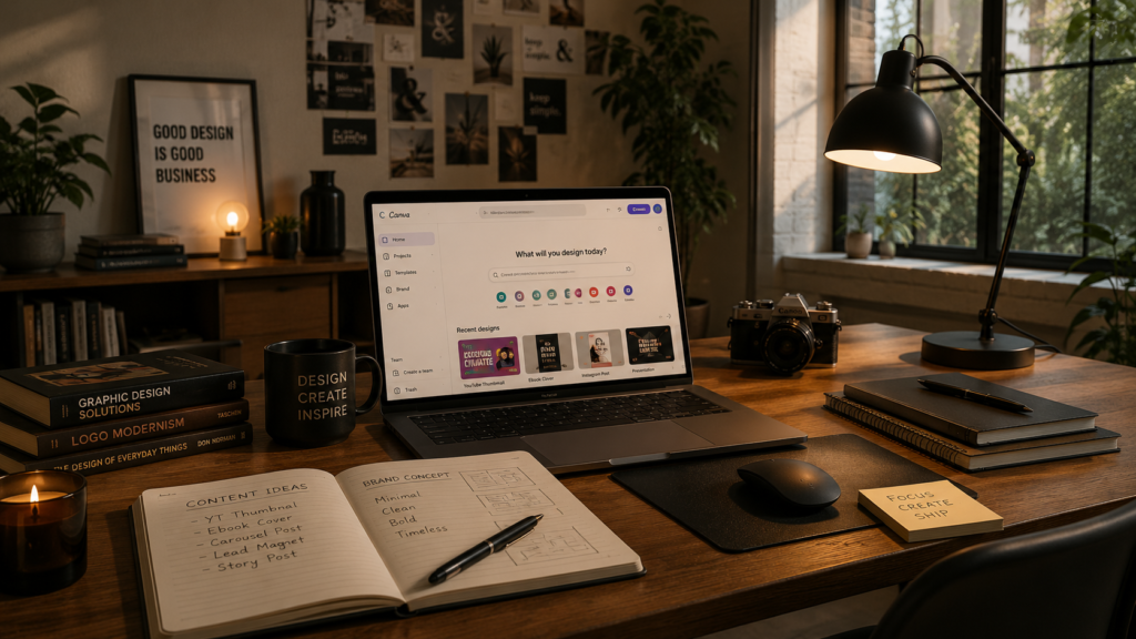 Creative workspace using Canva for digital content and branding