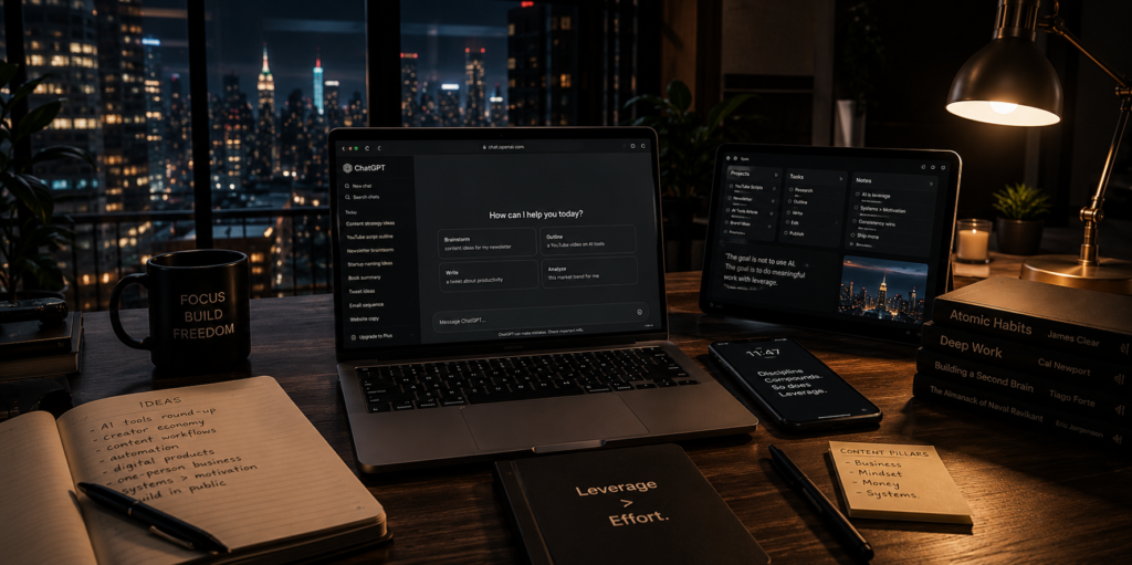 Modern AI workspace with ChatGPT and creator workflow setup